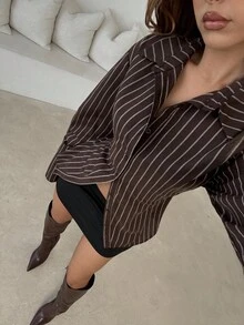 Aloruh 女款優雅休閒學院風棕色條紋鈕扣收腰襯衫，返校季教師秋季上衣，教師節辦公室早午餐穿搭 - 彩色 - 查看 4