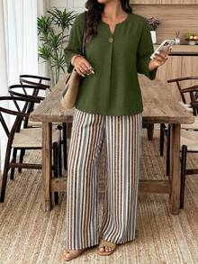 Weeklong Casual Style Plus Size Women's Solid Color Notch V-Neck Shirt And Striped Pants 2-Piece Set - Multicolor - View 4