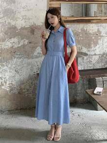 DAZY Spring Summer Autumn Short Sleeve Striped Shirt Dress Women's New Waist-Cinching Dress - Blue - View 1