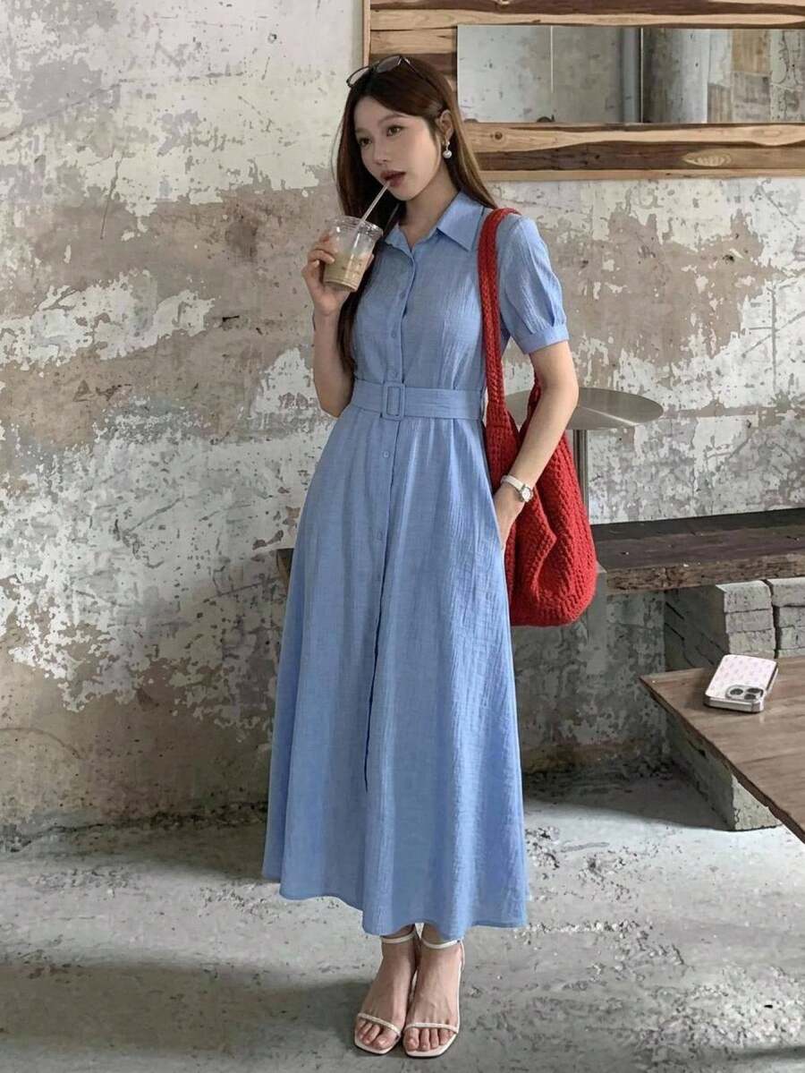 DAZY Spring Summer Autumn Short Sleeve Striped Shirt Dress Women's New Waist-Cinching Dress - Blue - View 1