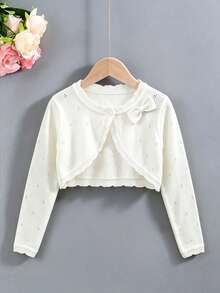 SHEIN Elladie kids 少女蝴蝶結裝飾休閒百搭日常穿搭開襟衫 秋季 - 白色 - 查看 7