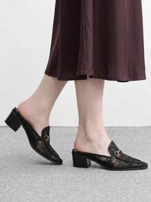 CUCCOO BIZCHIC 尖頭壓紋穆勒鞋，復古西部風粗跟穆勒鞋 - 靜夜黑色 - 查看 4