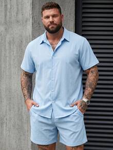 DRIVNCORE 1 Set Plus Size Men Single-Breasted Short Sleeve Shirt And Shorts Set, Holiday - Baby Blue - View 1