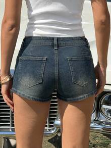 SHEIN EZwear 女士蓝色条纹低腰牛仔短裤，夏季 - 深色水洗藍 - 查看 3