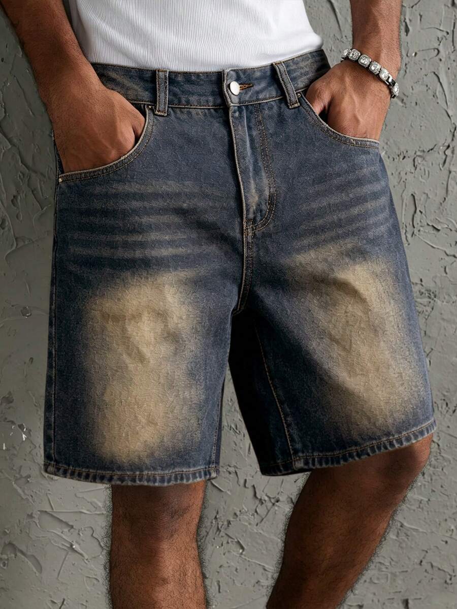 EGENSIO Men's Fashion Versatile Button Pocket Denim Wide Leg Shorts - Blue - View 1