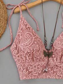 Vavine Women's Casual Set With Lace Pattern Ruffle Shoulder Knot Tank Top And Shorts - Coral Pink - View 3