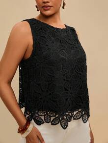 Travachic Plus Size Women's Crochet Knit Round Neck Sleeveless Casual Black Top - Vacation Summer Holiday Beach Evening Formal Valentine's Day Carnival Elegant - Black - View 1