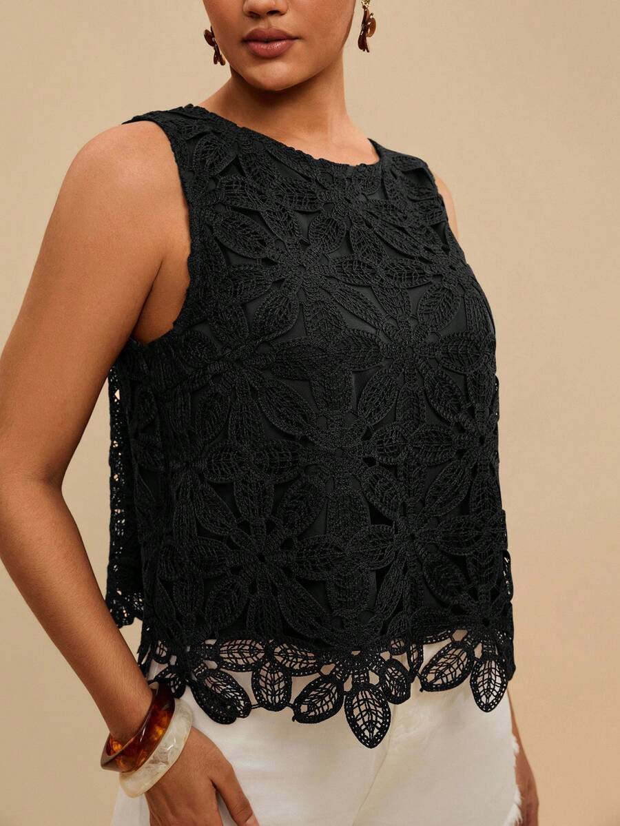 Travachic Plus Size Women's Crochet Knit Round Neck Sleeveless Casual Black Top - Vacation Summer Holiday Beach Evening Formal Valentine's Day Carnival Elegant - Black - View 1