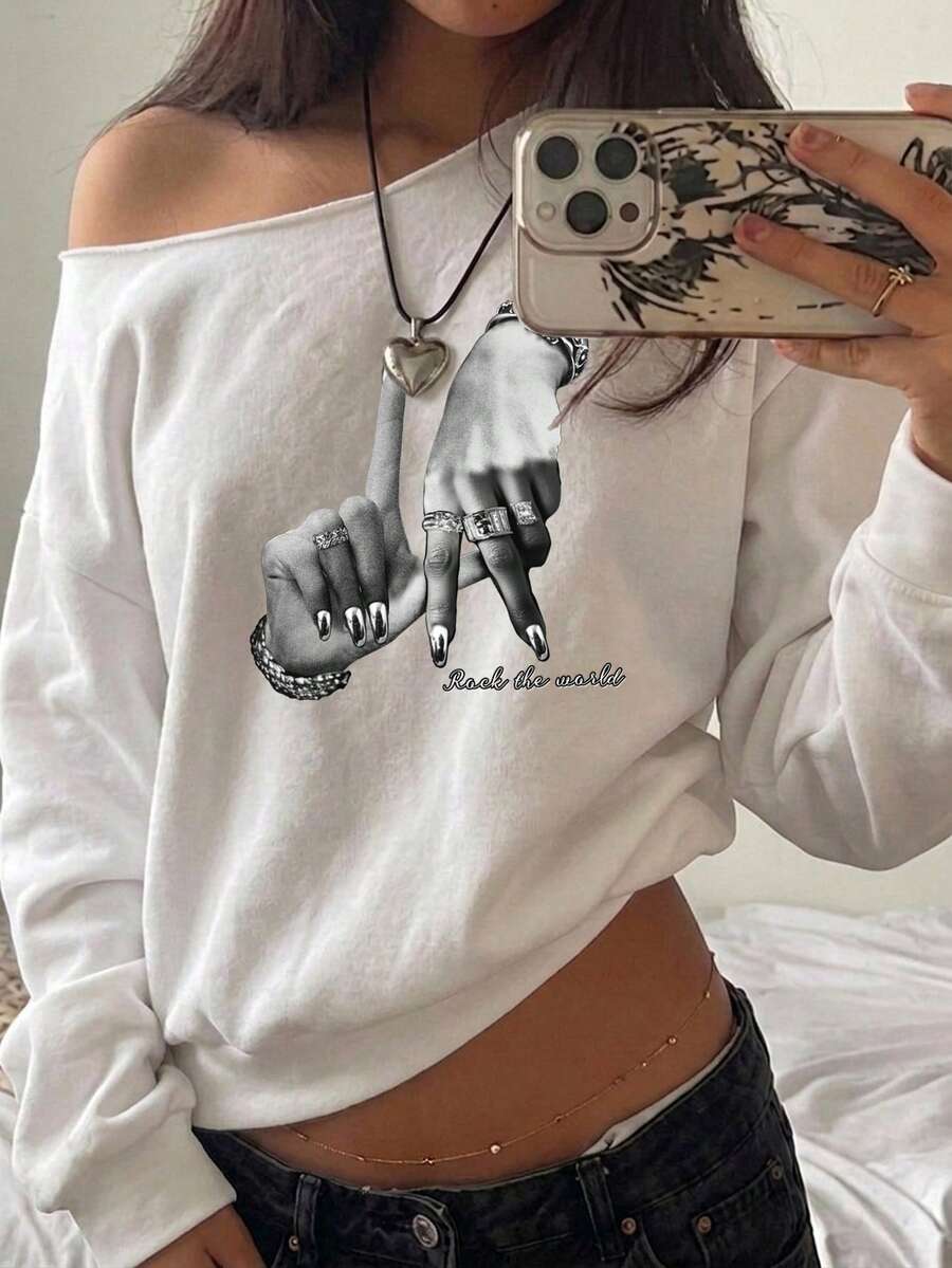 SHEIN EZwear 女款不對稱肩寬鬆長袖衛衣,休閒極簡復古龐克 Y2K 百搭,適合派對、音樂節、哥德風、夏季 - 白色 - 查看 1