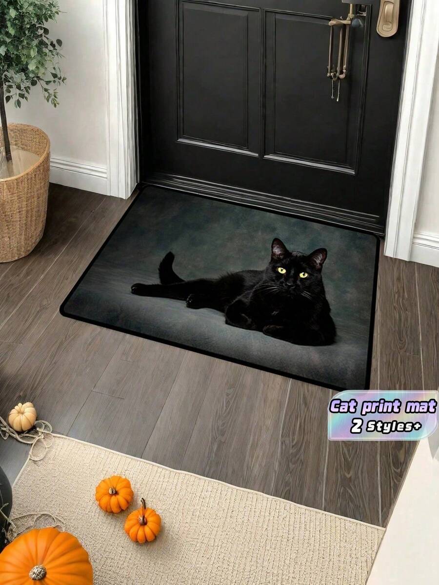 1pc Set, Black Cat Print Indoor And Outdoor Mat, Made Of Crystal Velvet Material, Suitable For Home Decoration Such As Bathroom, Kitchen, Living Room, Porch, Balcony, Etc - multicolor - View 1