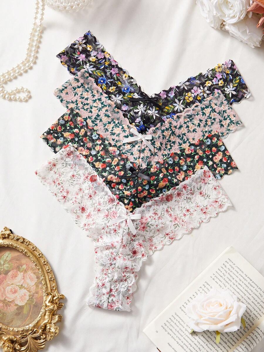 SHEIN 4件組女性性感深V領蕾絲丁字褲內褲 - 彩色 - 查看 1