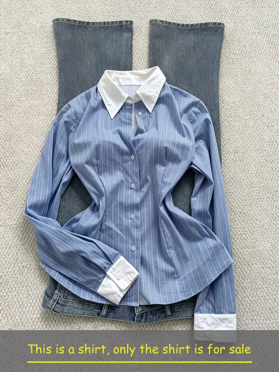 IslaSuriya 女款對比白色領口袖口鈕扣式長袖襯衫 藍色直條紋收腰修身 - 彩色 - 查看 1