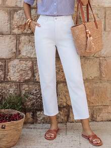 EMERY ROSE Casual Solid Color Tapered Denim Pants - White - View 3