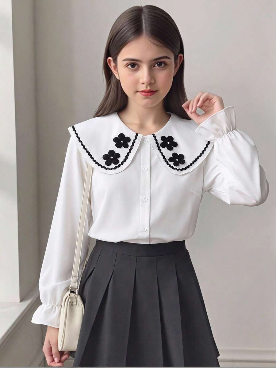 SHEIN 少女碎花单排扣休闲衬衫 - 白色 - 查看 1