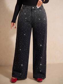Elaquor Plus Size Street Style Hot Girl Rhinestone Button Pocket Loose Denim Jeans Fall Clothes Halloween Sparkly Jeans Shiny Pants Luxury Jeans Black Jeans - Black - View 4