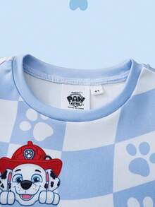SHEIN | PAW Patrol 小男孩簡約印花圓領短袖T恤與長褲套裝 - 藍白色 - 查看 7