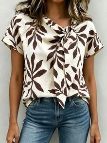 SHEIN Summer Tops, June Festival, Beach Vacation Wear, Casual Tropical Breezy Elegant Women's Social Tops, Country Style, Leaf Print, Beige Tie-Up Shirt - Apricot - View 6