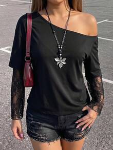 SHEIN ICON 女款大尺碼秋冬復古性感千禧風Y2K簡約休閒街頭風露肩上衣 - 黑色 - 查看 9