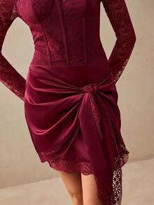 Willow Rêve Vestido de mujer con patchwork de encaje, plisado de espina de pescado y lazo, Vestidos Dor Holiday, Vestido elegante, Vestidos de club, Vestidos de graduación, Vestido de invitada de boda - Burdeos - Ver 6