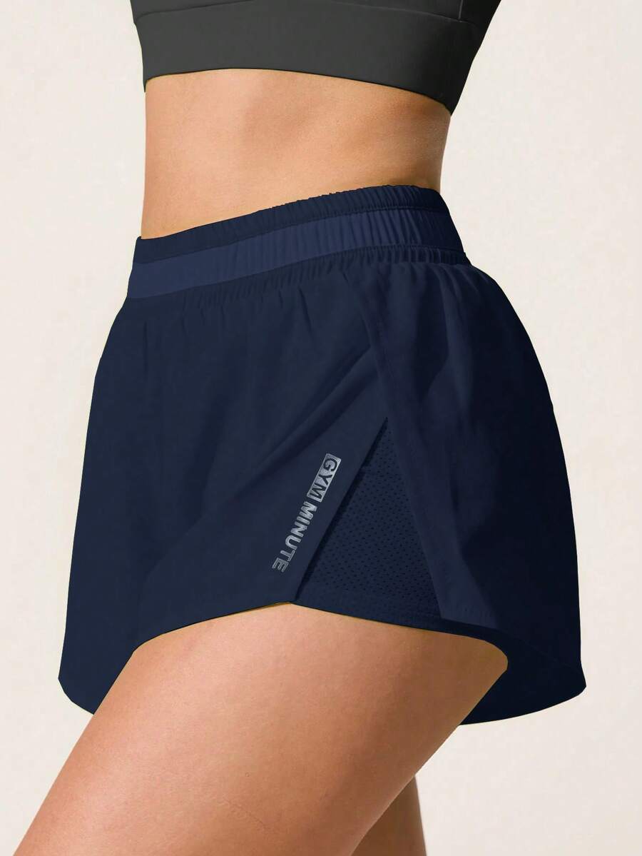Easithlete Easithlete Casual Versatile Navy Blue Waistband Patchwork Mesh Slimming Storage Pocket Sports Shorts - Navy Blue - View 1
