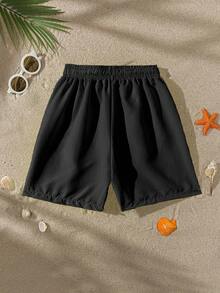 SHEIN Shorts de baño con cordón en la cintura de color liso para adolescentes - Negro - Ver 8