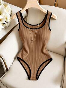 GlowEve CURVE Plus Size Elegant Casual Commute Travel Outfit Fashion Khaki Black Colorblock Decor Slimming Ribbed Bodysuit For Women - Khaki - View 1