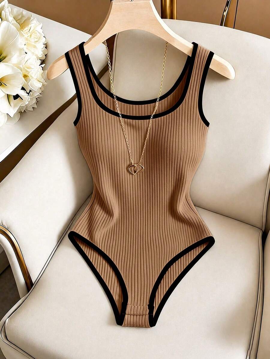 GlowEve CURVE Plus Size Elegant Casual Commute Travel Outfit Fashion Khaki Black Colorblock Decor Slimming Ribbed Bodysuit For Women - Khaki - View 1