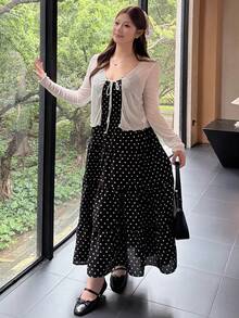 Bijouette 大尺碼女款波點簡約可愛甜美風休閒優雅度假細肩帶洋裝，適合約會與約會之夜，滿版黑白配色夏季款 - 黑與白 - 查看 5
