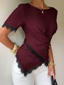 Siren Gaze Blusa Feminina Nova Primavera/Verão com Renda e Patchwork, Cintura Marcada - Vinho - Visão 4