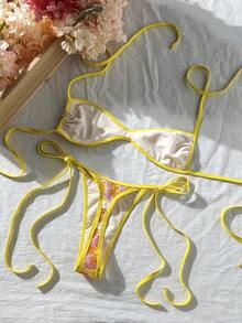 Elavelle Swim MOD 2件套彩色花卉纹理挂脖抹胸比基尼上衣和侧系带泳裤性感女士泳装套装，春夏款 - 彩色 - 查看 3