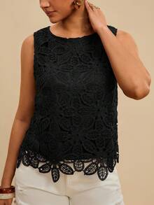 Travachic Plus Size Women's Crochet Knit Round Neck Sleeveless Casual Black Top - Vacation Summer Holiday Beach Evening Formal Valentine's Day Carnival Elegant - Black - View 5