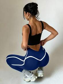 Dewbera Dewbera 女款無縫高腰收腹瑜伽緊身褲 運動底層長褲 - 藏蓝色 - 查看 2