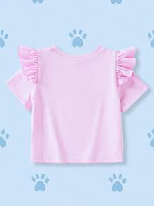 SHEIN | PAW Patrol 少女甜美可爱卡通字母爱心印花荷叶边短袖T恤，休闲日常通勤，夏季 - 粉色 - 查看 2
