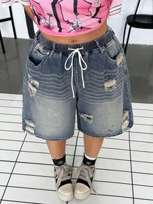 Jeanoix Y2K Casual Plus Size Women's Non-Stretch Denim Shorts, Elastic Waist Design, Distressed Washed Ripped High Street Bermuda Cowboy Outfits Blue Summer - Light Wash - View 3