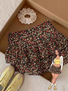 Comfortcana Plus Size Women's Casual Ditsy Floral Multi-Layer Skirt - Multicolor - View 1