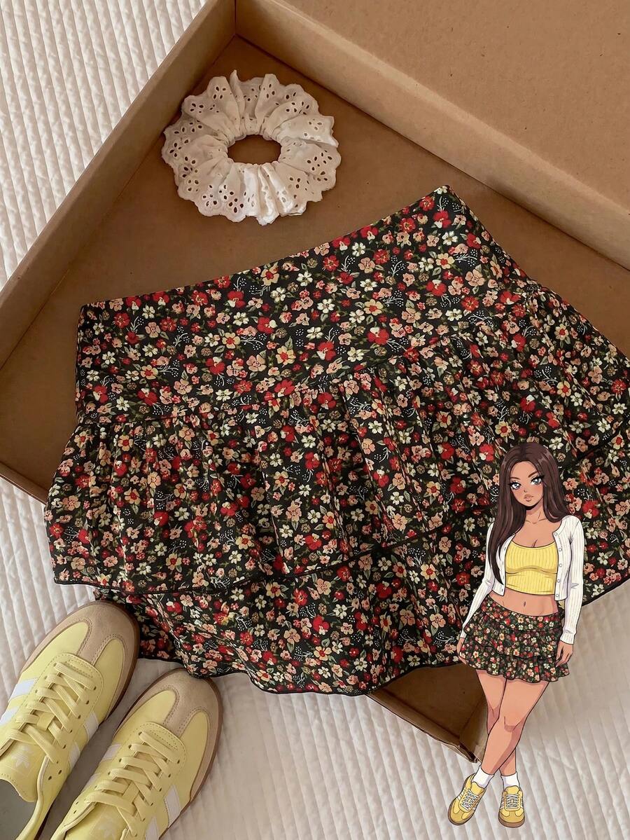 Comfortcana Plus Size Women's Casual Ditsy Floral Multi-Layer Skirt - Multicolor - View 1