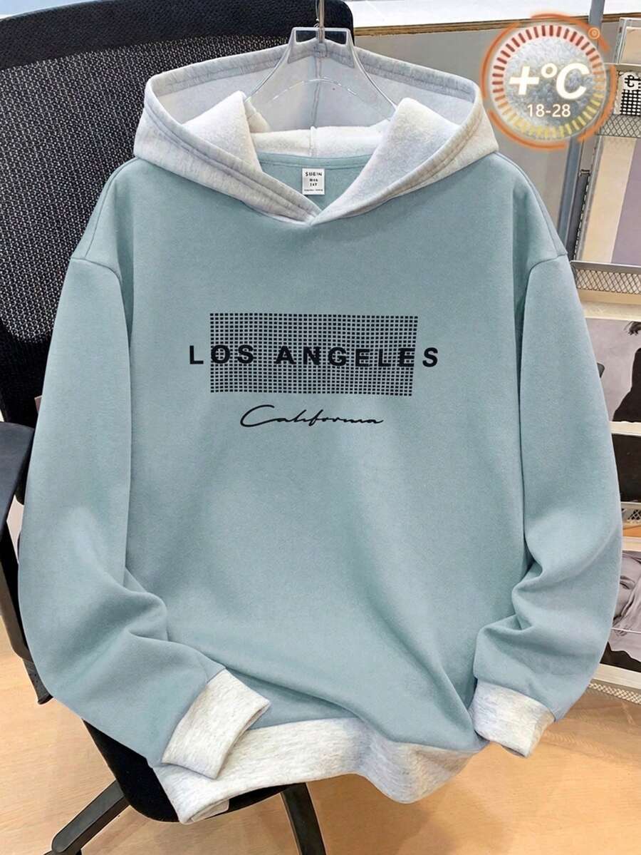 SHEIN 青少年男孩休閒拼接撞色灰藍色連帽衛衣,英文印花,保暖內裡,極簡百搭日常穿搭,秋冬款 - 藍色 - 查看 1
