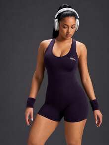 Powerista Women's Plus Size Solid Color Casual Daily Outdoor Sports Romper Gym Running Fitness Workout Going Out Autumn Jumpsuit Backless Purple Backless - Purple - View 5
