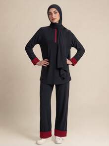 With My Calm With My Calm Athletic Modest Sweatpants, Wide Leg Pants, Training Running Fitness Casual Style, Loose Fit, Color Block Design Gym Dark Red Summer - Black - View 6