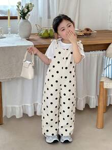 SHEIN 女童波點杏色牛仔寬鬆連身褲 牛仔女童牛仔女孩套裝 - 杏色 - 查看 5