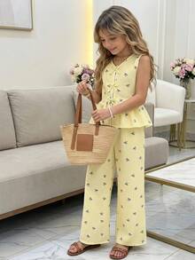 Sparklyn Bộ 2 món cho bé gái tuổi teen: áo không tay có nơ cài và quần dài. - Màu vàng - View 2