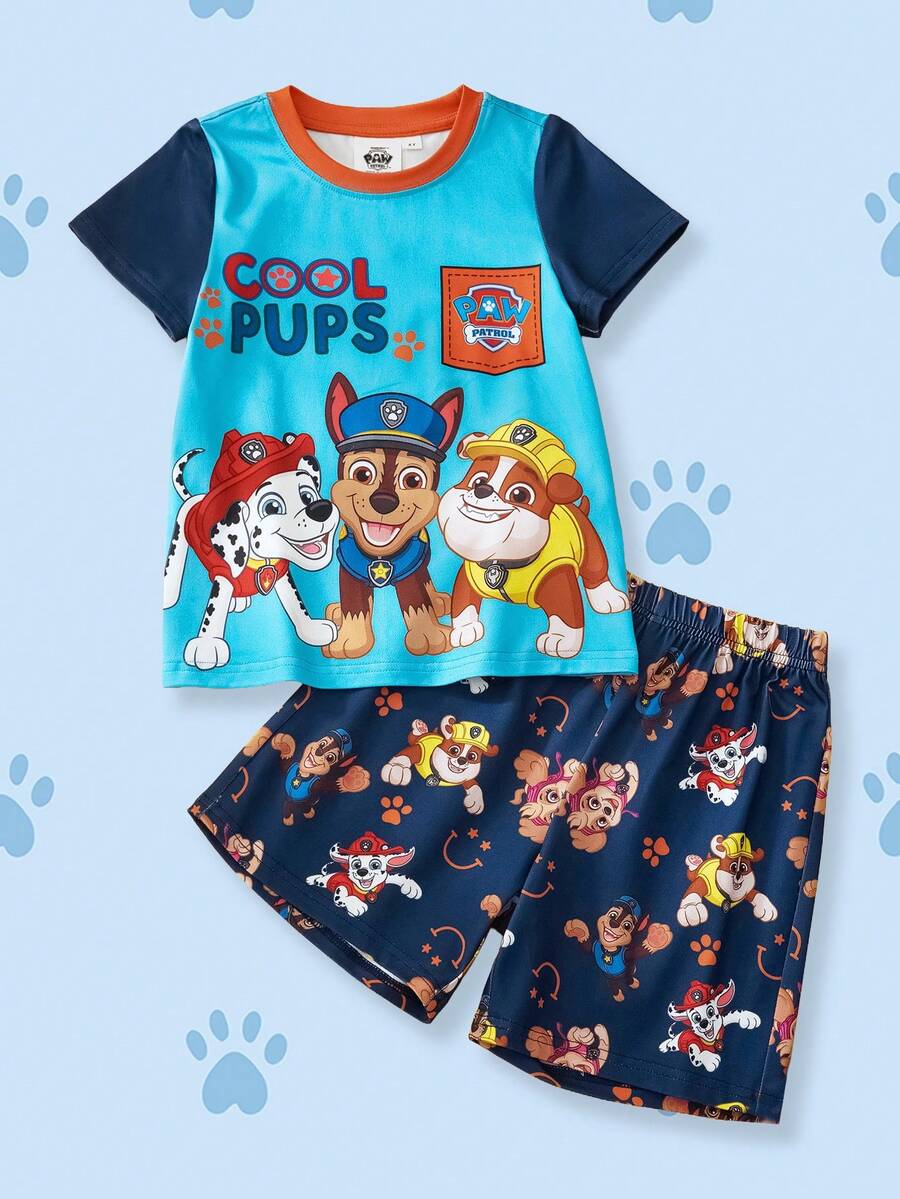SHEIN | PAW Patrol 2pcs/Set Cartoon Print Short Sleeve Top And Shorts For Young Boys - Blue - View 1
