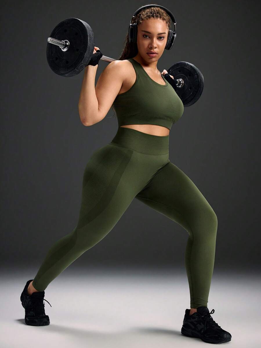 Powerista Women's Plus Size Solid Color Tank Top And Leggings Sports Set - Army Green - View 1
