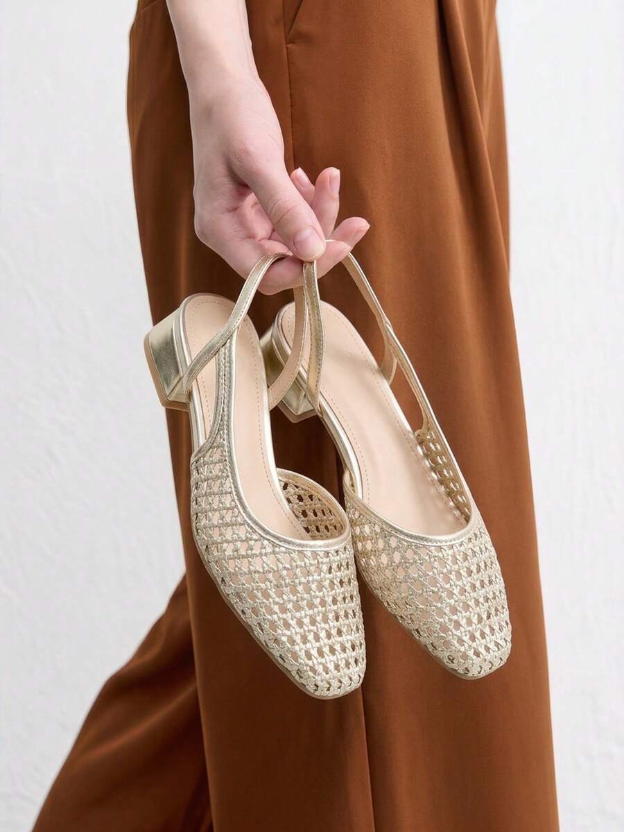 CUCCOO BIZCHIC Women's Shoes Spring And Summer Pointed Short Thick Heel Woven Splicing Low Heel Shoes - Vintage gold - View 1