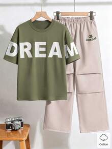 SHEIN 青少年男孩字母印花短袖T恤與長褲休閒日常2件套 - 綠色 - 查看 3