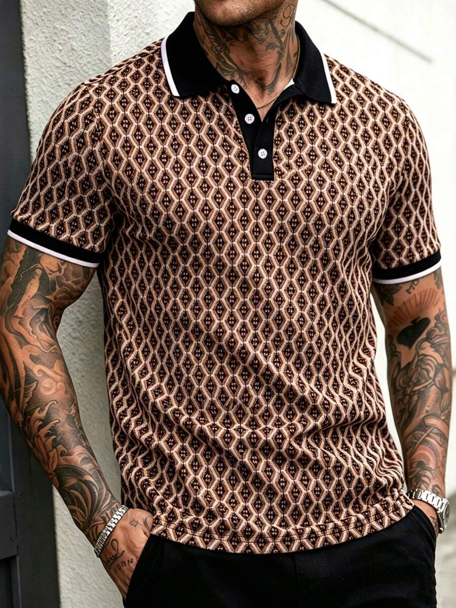 Manfinity CasualCool 男士復古風 Polo 衫，對比色領口，針織菱格紋提花短袖上衣，成熟休閒 - 彩色 - 查看 1