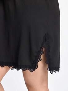Slumbrini Plus Contrast Lace Split Hem Cami Pajama Nightdress Halloween Lingerie - Black - View 8