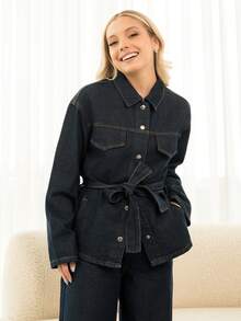 Ximena Robles Ximena Robles Autumn/Winter New Loose Casual Distressed Wash Waist Cinched Women Denim Suit - Blue - View 5