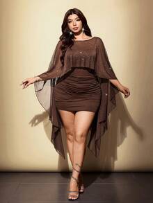 Viva Relle Plus-Size Women's Camisole + Sequined Net Cape Party Two Pieces Set - Brown - View 5