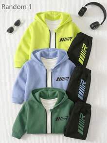 SHEIN Kids Young Boys Winter Warm Active Tracksuit With Bright Green Zipper Hoodie And Black Sweatpants Fall - Multicolor - View 2